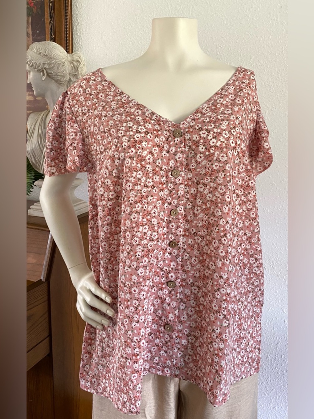 Floral Button-Front Women's Top - Dusty Rose